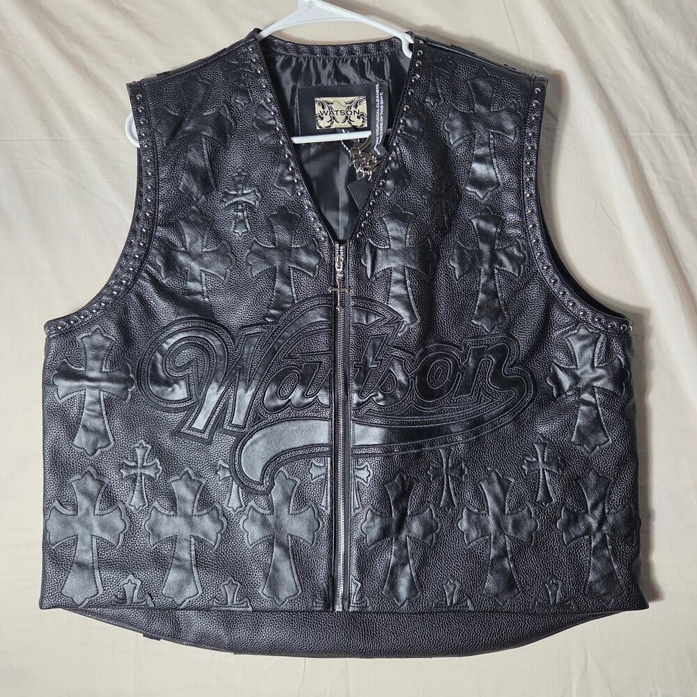 Watson "Cross Leather Applique" Black Moto Vest — NWT — Size L